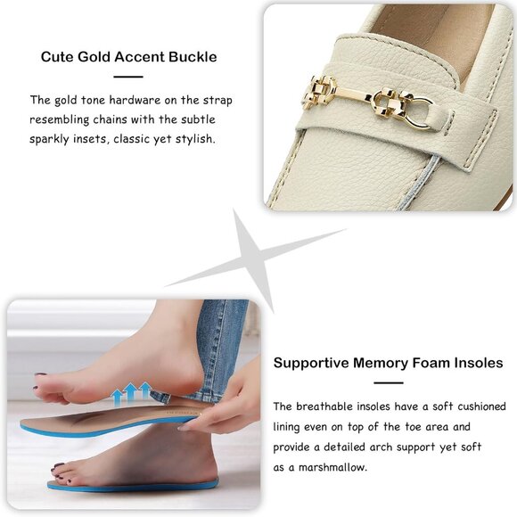 Kordal Women's Beige Leather Gold Accent Buckle Slip-Ons Walking Flats Loafers - Picture 4 of 9